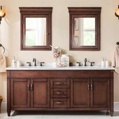 American Style 70 inch Marble Top Double Sink Solid Wood Bathroom Vanity