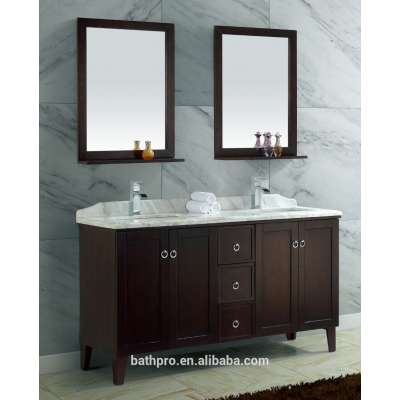 Antique style double basin sink 60 inch quartz stone counter solid wood bathroom cabinet