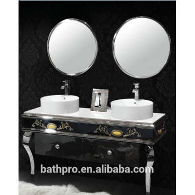 Asian style antique double sink stainless steel bathroom vanity with legs