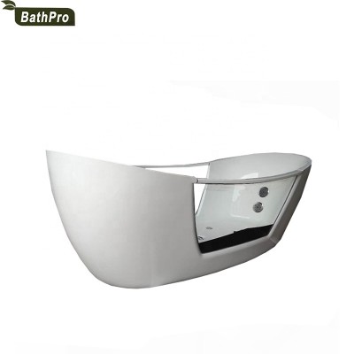 Free-standing double transparent glass skirt factory price whirlpool massage bathtub